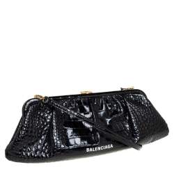 Pre Owned Balenciaga Black Crocodile Embossed Glossy Leather XL Cloud Clutch Bag