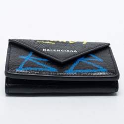Pre Owned Balenciaga Multicolor Graffiti Print Leather Mini Papier Wallet