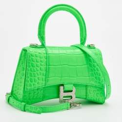 Balenciaga Green Croc Embossed Leather Embellished Hourglass XS Top Handle Bag