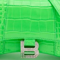 Balenciaga Green Croc Embossed Leather Embellished Hourglass XS Top Handle Bag