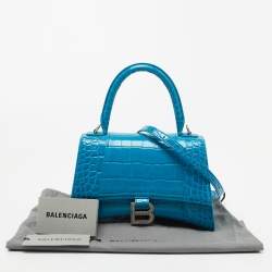 Pre Owned Balenciaga Blue Croc Embossed Leather Hourglass Top Handle Bag