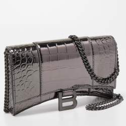 Pre Owned Balenciaga Grey Croc Embossed Patent Leather Small Hourglass Wallet on Chain