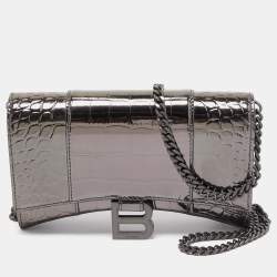 Pre Owned Balenciaga Grey Croc Embossed Patent Leather Small Hourglass Wallet on Chain