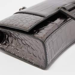 Pre Owned Balenciaga Grey Croc Embossed Patent Leather Small Hourglass Wallet on Chain