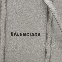 Pre Owned Balenciaga Silver Glitter Leather XXS Everyday Tote