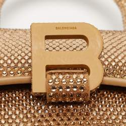 Pre Owned Balenciaga Gold/Brown Leather XS Crystal Hourglass Top Handle Bag