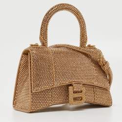 Pre Owned Balenciaga Gold/Brown Leather XS Crystal Hourglass Top Handle Bag
