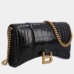 Balenciaga Black Croc Embossed Leather Hourglass Wallet on Chain