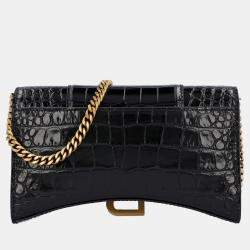 Balenciaga Black Croc Embossed Leather Hourglass Wallet on Chain