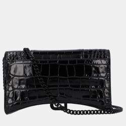 Balenciaga Black Croc Embossed Leather Hourglass Wallet on Chain