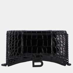 Balenciaga Black Croc Embossed Leather Hourglass Wallet on Chain