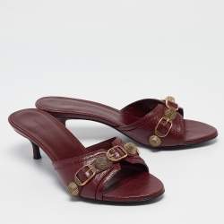 Pre Owned Balenciaga Burgundy Leather Le Cagole Slide Sandals Size 37