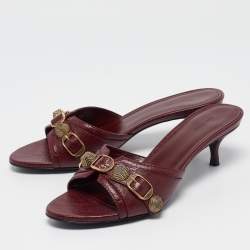 Pre Owned Balenciaga Burgundy Leather Le Cagole Slide Sandals Size 37