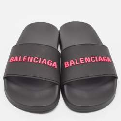 Pre Owned Balenciaga Black Rubber Logo Embossed Pool Slides Size 36