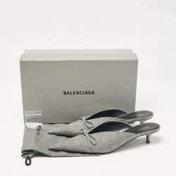 Pre Owned Balenciaga Black/White Check Fabric Bow Knife Mules Size 41