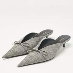 Pre Owned Balenciaga Black/White Check Fabric Bow Knife Mules Size 41