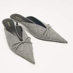 Pre Owned Balenciaga Black/White Check Fabric Bow Knife Mules Size 41