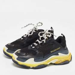 Balenciaga Black/Yellow Leather and Mesh Triple S Sneakers Size 37