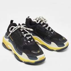 Balenciaga Black/Yellow Leather and Mesh Triple S Sneakers Size 37