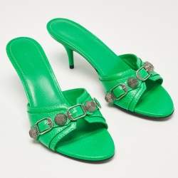 Balenciaga Green Leather Le Cagole Studded Slide Sandals Size 36