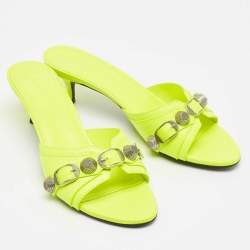 Balenciaga Neon Yellow Leather Le Cagole Studded Slide Sandals Size 37