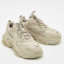 Balenciaga Grey Faux Leather Allover Logo Triple S Sneakers Size 41