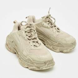 Pre Owned Balenciaga Beige Faux Leather and Mesh Faded Triple S Sneakers Size 38