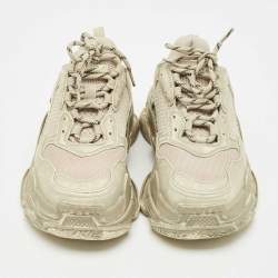 Pre Owned Balenciaga Beige Faux Leather and Mesh Faded Triple S Sneakers Size 38