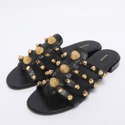 Pre Owned Balenciaga Black Leather Arena Studded Flat Sandals Size 41.5
