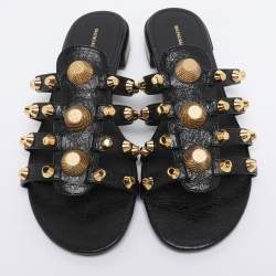 Pre Owned Balenciaga Black Leather Arena Studded Flat Sandals Size 41.5