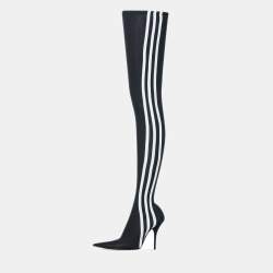 Pre Owned Balenciaga x Adidas Black/White Spandex Knife Over The Knee Boots Size 37
