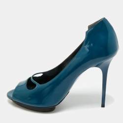 Pre Owned Balenciaga Peacock Blue Patent Leather Platform Peep Toe Pumps Size 39