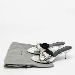 Pre Owned Balenciaga Silver Leather Le Cagole Slide Sandals Size 40