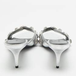 Pre Owned Balenciaga Silver Leather Le Cagole Slide Sandals Size 40