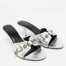 Pre Owned Balenciaga Silver Leather Le Cagole Slide Sandals Size 40