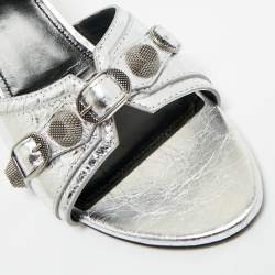 Pre Owned Balenciaga Silver Leather Le Cagole Slide Sandals Size 40