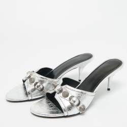 Pre Owned Balenciaga Silver Leather Le Cagole Slide Sandals Size 40