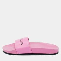 Pre Owned Balenciaga Pink Leather Pool Flat Slides Size 36