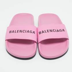 Pre Owned Balenciaga Pink Leather Pool Flat Slides Size 36