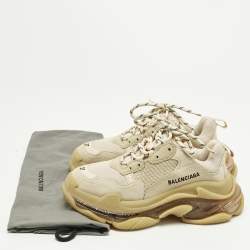 Pre Owned Balenciaga Beige Faux Leather and Mesh Triple S Lace Up Sneakers Size 37
