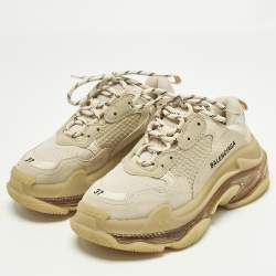 Pre Owned Balenciaga Beige Faux Leather and Mesh Triple S Lace Up Sneakers Size 37