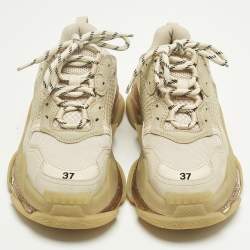 Pre Owned Balenciaga Beige Faux Leather and Mesh Triple S Lace Up Sneakers Size 37