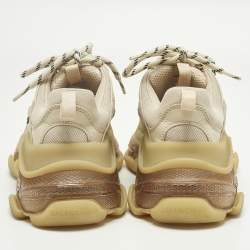 Pre Owned Balenciaga Beige Faux Leather and Mesh Triple S Lace Up Sneakers Size 37