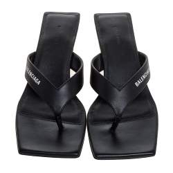 Pre Owned Balenciaga Black Logo Print Leather Square Toe Slide Sandals Size 35