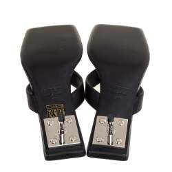 Pre Owned Balenciaga Black Logo Print Leather Square Toe Slide Sandals Size 35