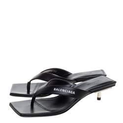 Pre Owned Balenciaga Black Logo Print Leather Square Toe Slide Sandals Size 35