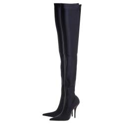 Pre Owned Balenciaga Black Strech Fabric Knife Over The Knee Pointed Toe Boots Size 37