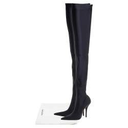 Pre Owned Balenciaga Black Strech Fabric Knife Over The Knee Pointed Toe Boots Size 37