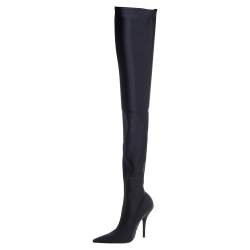 Pre Owned Balenciaga Black Strech Fabric Knife Over The Knee Pointed Toe Boots Size 37