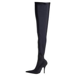 Pre Owned Balenciaga Black Strech Fabric Knife Over The Knee Pointed Toe Boots Size 37